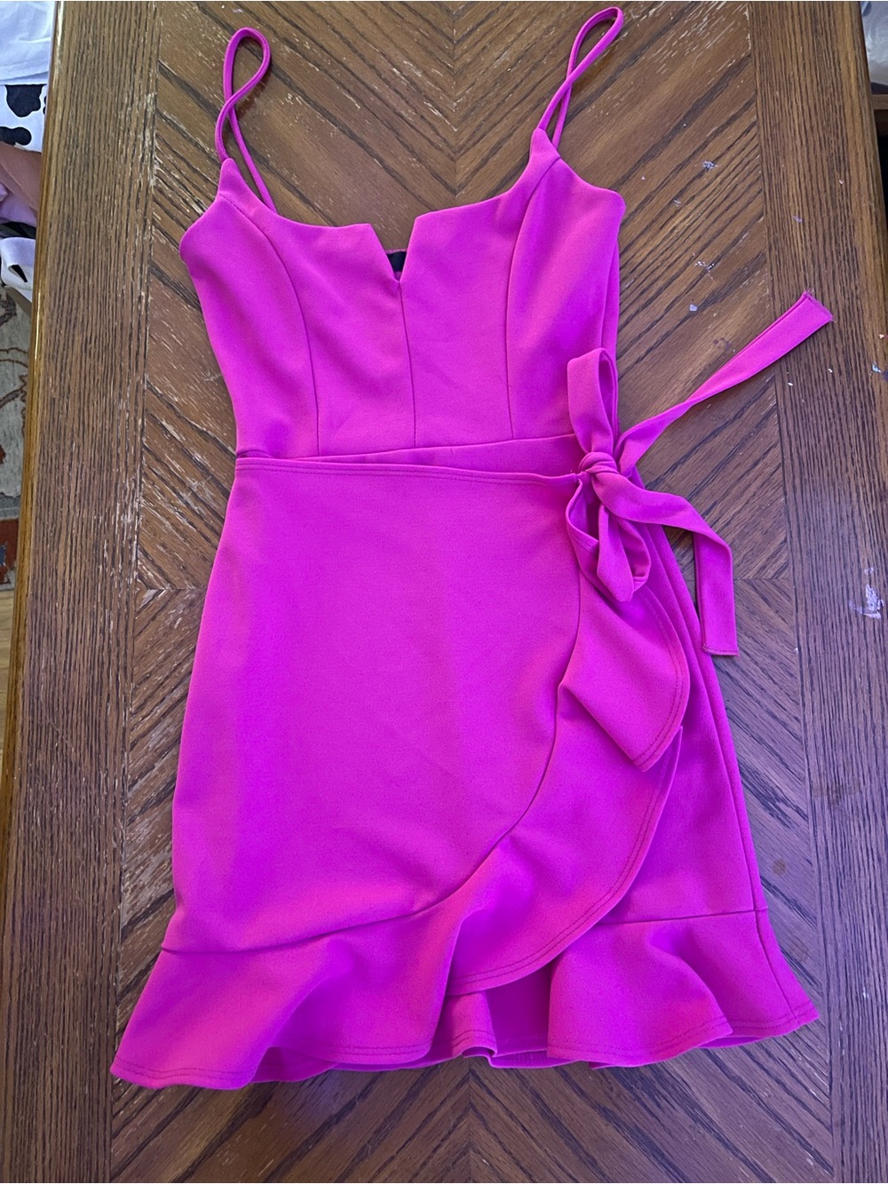 Lulu's Hot Pink Spaghetti Strap Wrap Ruffle Mini Dress